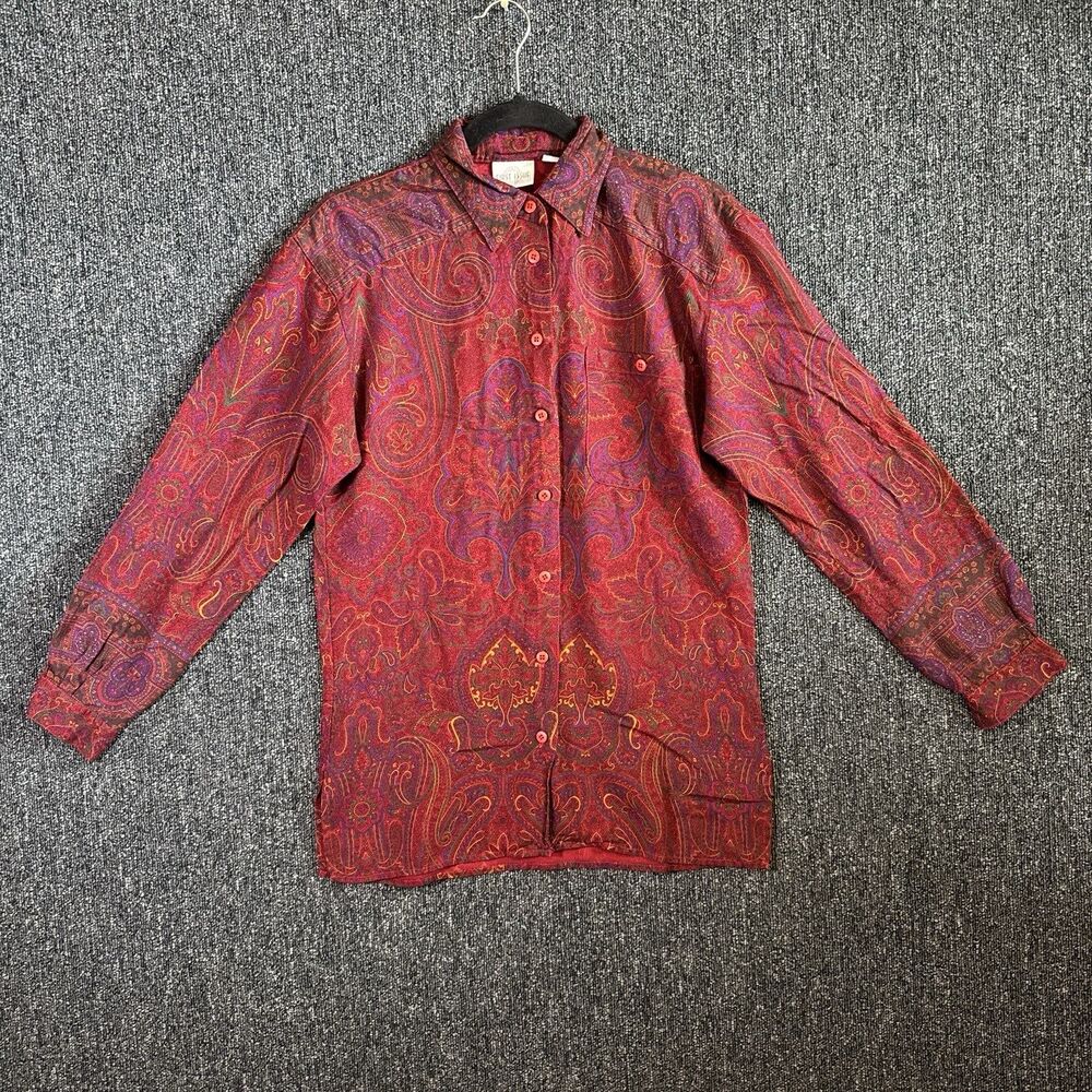 Vintage First Issue Women's Size XS Red Paisley 100% Rayon Button Down Shirt‎